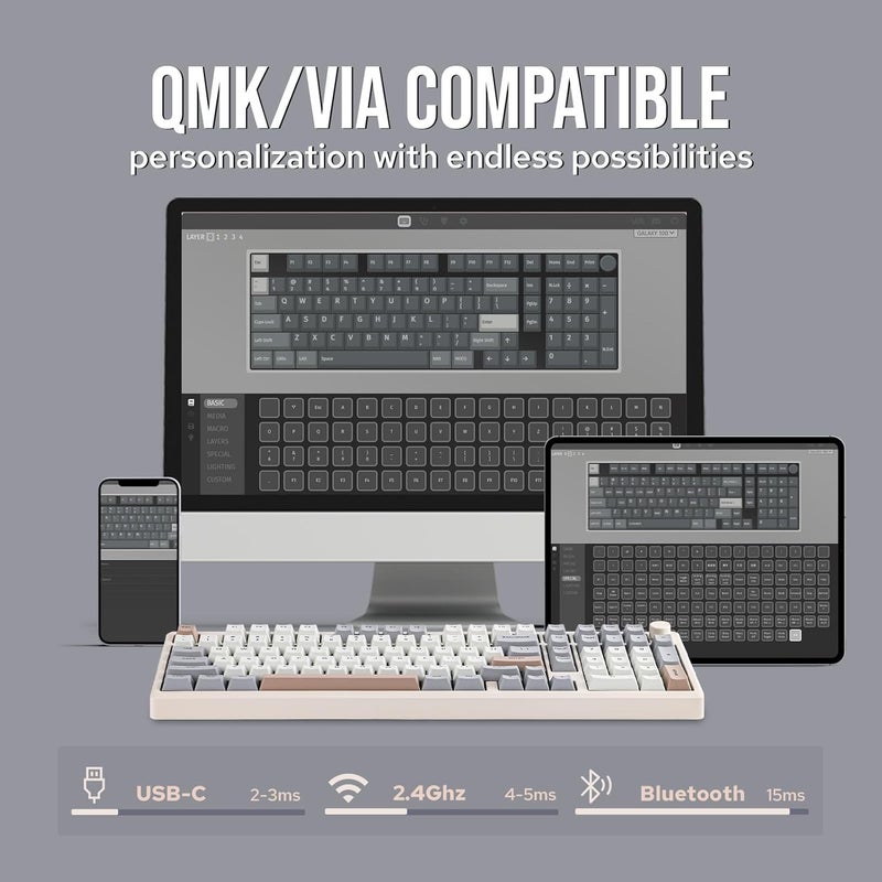 EPOMAKER Galaxy100 QMK/VIA Wireless Gaming Keyboard, Aluminum Shell, BT/2.4Ghz/USB-C, Pre-Lubed Hot-Swappable Linear Switches, NKRO, RGB Backlit (Creamy White, Wisteria Linear Switch) - Image 4